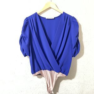 REVOLVE Amanda Uprichard Arabella Royal BL Ruched Sleeve Thong Bodysuit Small